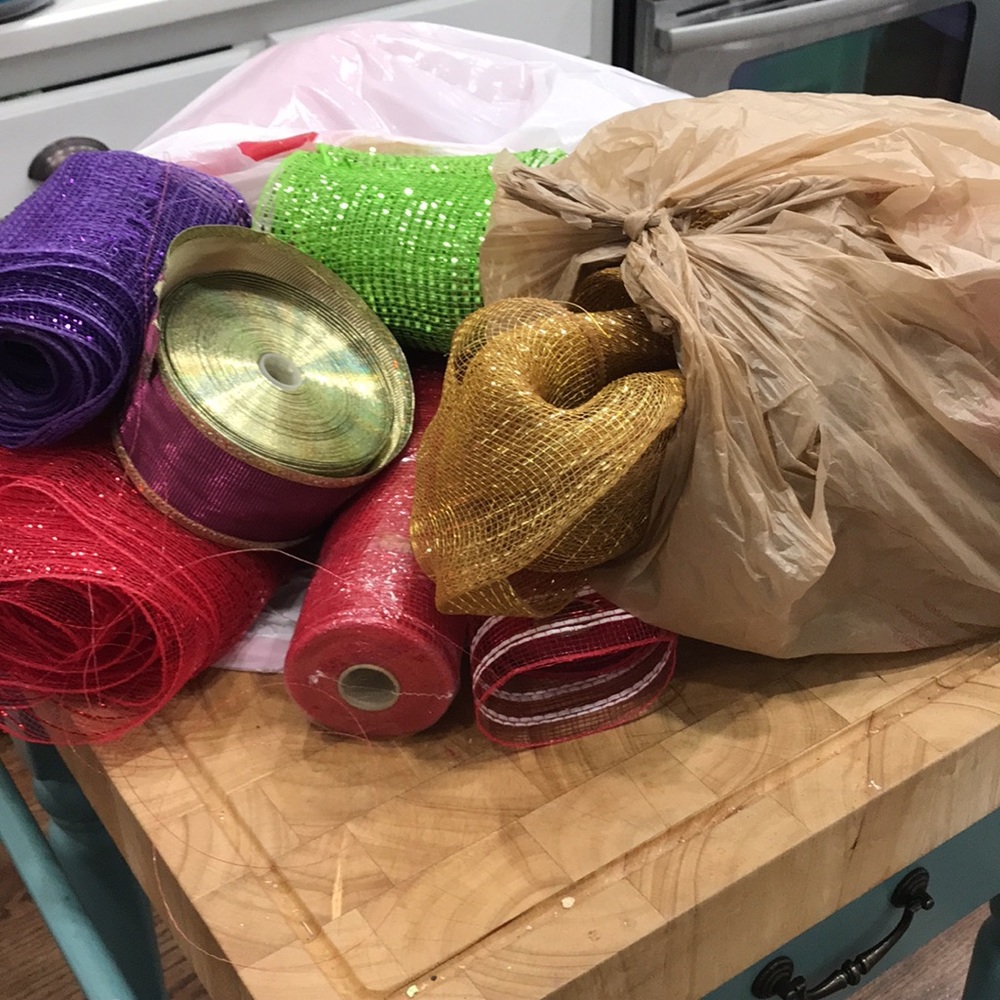 COLORS of MESH RIBBON: PURPLE,CANDY STRIPE, RED SPARKLE,LIME GREEN,BURGANY GOLD